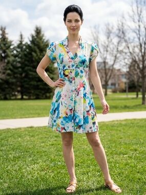 Tricotto Floral Watercolor V-Neck Mini Dress - Blue Multi